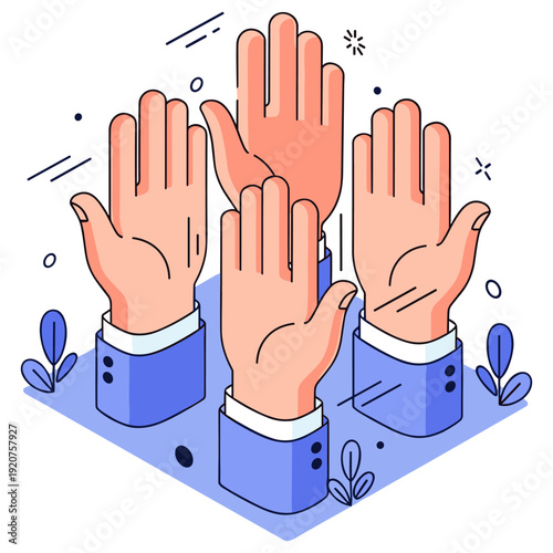 Group of raised hands with blue sleeves in vector artwork on white background
