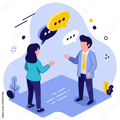 Young caucasian adults engaging in conversation with speech bubbles