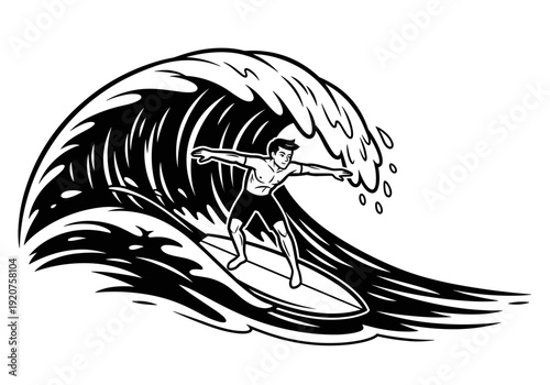 Dynamic Surfer Riding a Powerful Ocean Wave in Black and White.