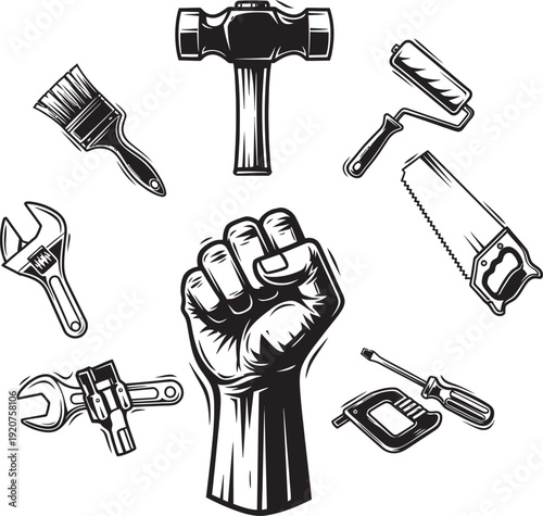 Tools and Fist Emblem, bold industrial resistance symbol, crossed wrench and hammer badge, strong worker solidarity logo, powerful mechanical force concept for construction branding.