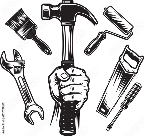 Tools and Fist Emblem, bold industrial resistance symbol, crossed wrench and hammer badge, strong worker solidarity logo, powerful mechanical force concept for construction branding.
