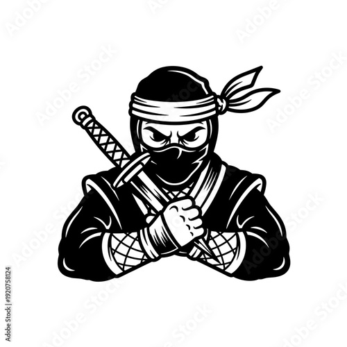 Intense Ninja Warrior with Katana Sword Ready for Action.