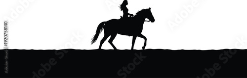 Side view profile silhouette of a graceful female rider on a horse trotting along a distant horizon line representing freedom adventure and nature in a clean minimalist style AI Generative

