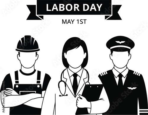 May 1st Labor Day illustration featuring silhouettes of a professional doctor, construction worker, and pilot in uniform with a festive banner to celebrate global workforce and jobs AI Generative
