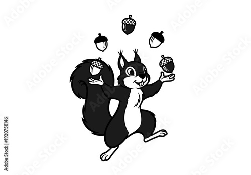 Playful squirrel juggling acorns in a dynamic black and white illustration.