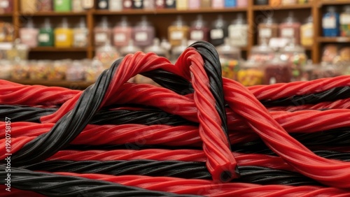 Coiled red and black rope in a hardware store aisle