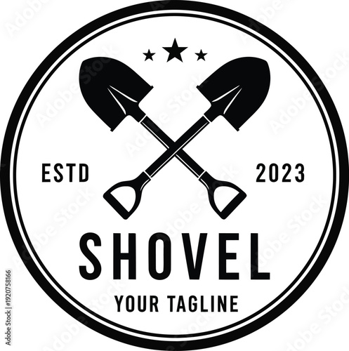 Professional vintage circular logo emblem illustration featuring crossed spade shovels with three stars and establishment date for landscaping construction or excavation business branding AI Generativ