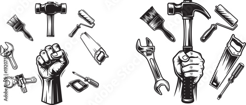 Labor and construction tools in retro illustration style with fist and hammer