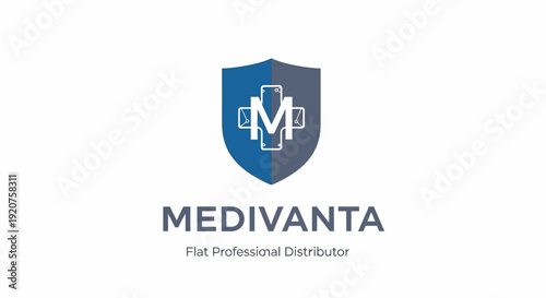 Blue Shield and Smartphone Letter M Logo with Medivanta Text, Isolated White Background.