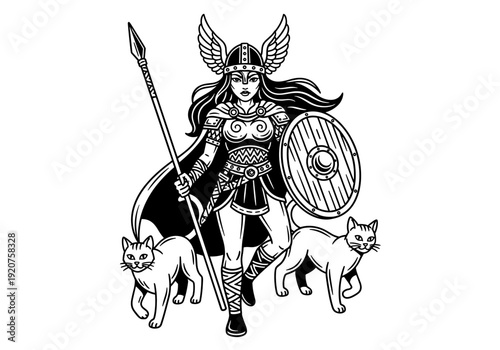 Valiant Valkyrie warrior with spear and shield accompanied by two loyal cats.
