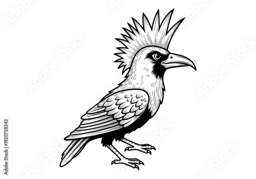 Black and white illustration of a punk rock raven with a spiky mohawk.