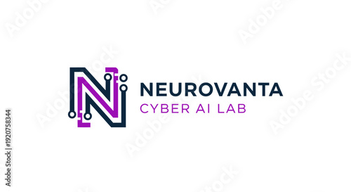 Purple letter N logo design with integrated circuit lines, representing cyber security, AI, and technology, on an isolated white background.