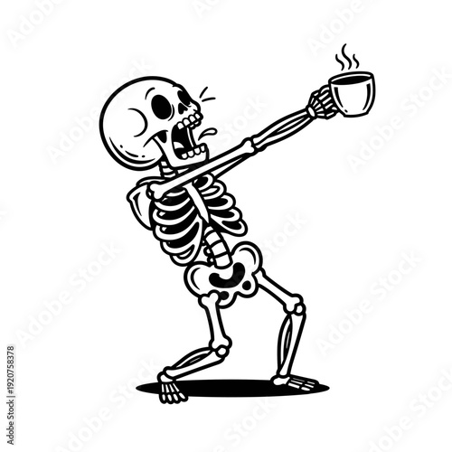 Energetic Skeleton Yawning and Holding a Steaming Coffee Cup.