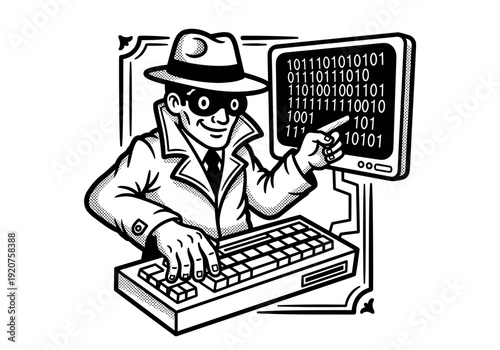 Hacker in fedora hat typing on keyboard pointing at binary code on monitor.
