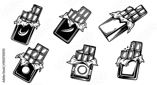 Collection of hand drawn chocolate bar illustrations in vintage style.