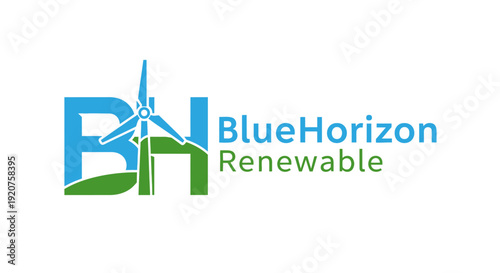 Blue and green 'BH' letter logo with wind turbine for renewable energy, isolated white background