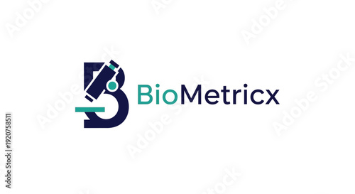 Blue BioMetricx letter B logo design with integrated microscope icon on isolated white background