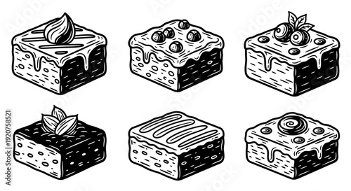Delicious Hand-Drawn Brownie Squares with Various Toppings.