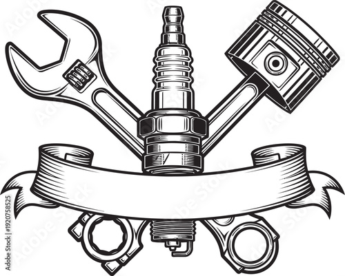 Mechanic Emblem with Wrench and Piston, detailed spark plug badge design, vintage automotive repair logo, bold garage workshop symbol, classic mechanical service branding for industry identity.