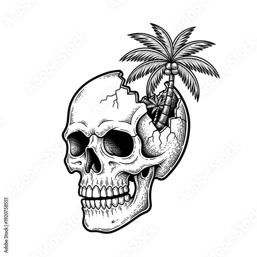 Skull with Palm Tree Growing Out of Head Engraving.