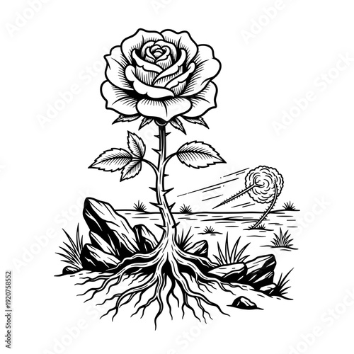 Rose with deep roots growing from rocky ground.