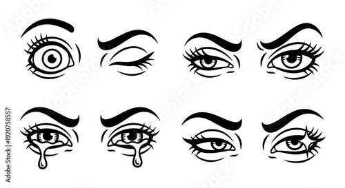 Collection of Expressive Hand-Drawn Eyes Showing Various Emotions.