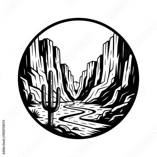 Grand Canyon desert landscape with winding river and saguaro cactus.