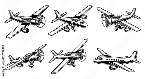 Vintage Airplane Collection Hand Drawn Sketch Set.