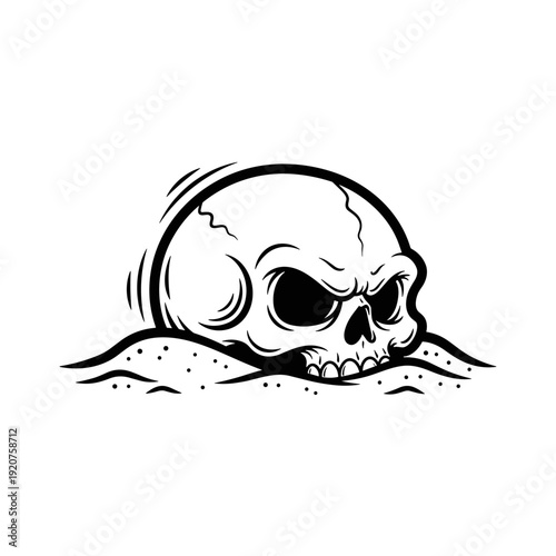 Grinning skull emerging from the ground in a bold black and white illustration.