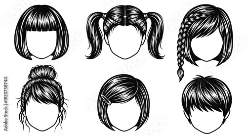 Various hairstyles for women and girls in black and white illustration.