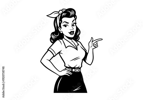 Retro Pin Up Girl Pointing Hand Gesture Black and White Illustration.