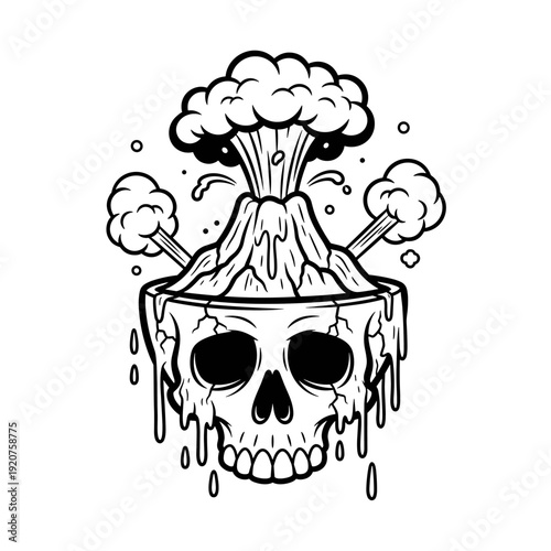Skull with erupting volcano illustration in black and white.