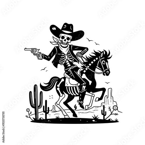 Skeleton cowboy riding a horse with a gun in a desert landscape.
