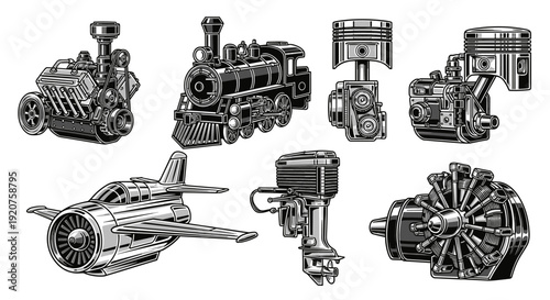 Vintage Engraved Engines and Mechanical Parts Collection.