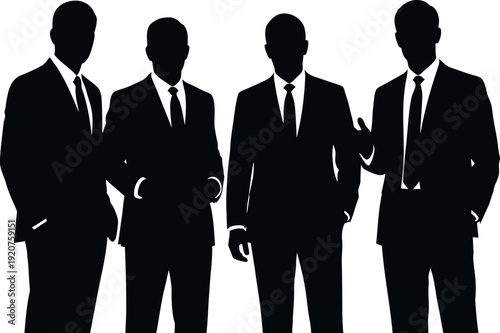 Group silhouette of four professional businessmen in formal suits and ties standing together representing corporate leadership teamwork and group unity for business concepts AI Generative
