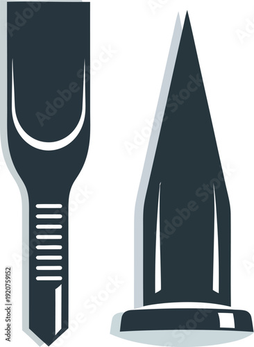 Stylized minimalist flat vector illustration of industrial hand tools featuring a sharp flat chisel and a tapered pointed center punch for hardware craft and construction AI Generative
