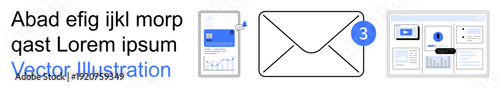 Communication tools, online messaging, data sharing, notifications, technology, email. Graphic of an envelope with notification badge, digital screens and data charts. Communication tools and online