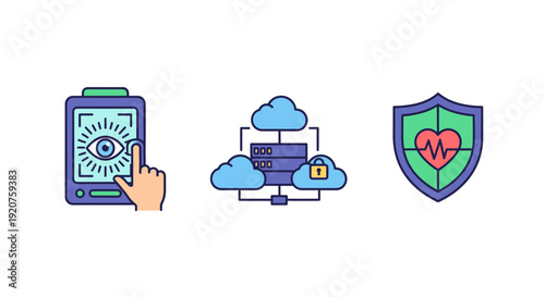 Digital security and protection icons set.