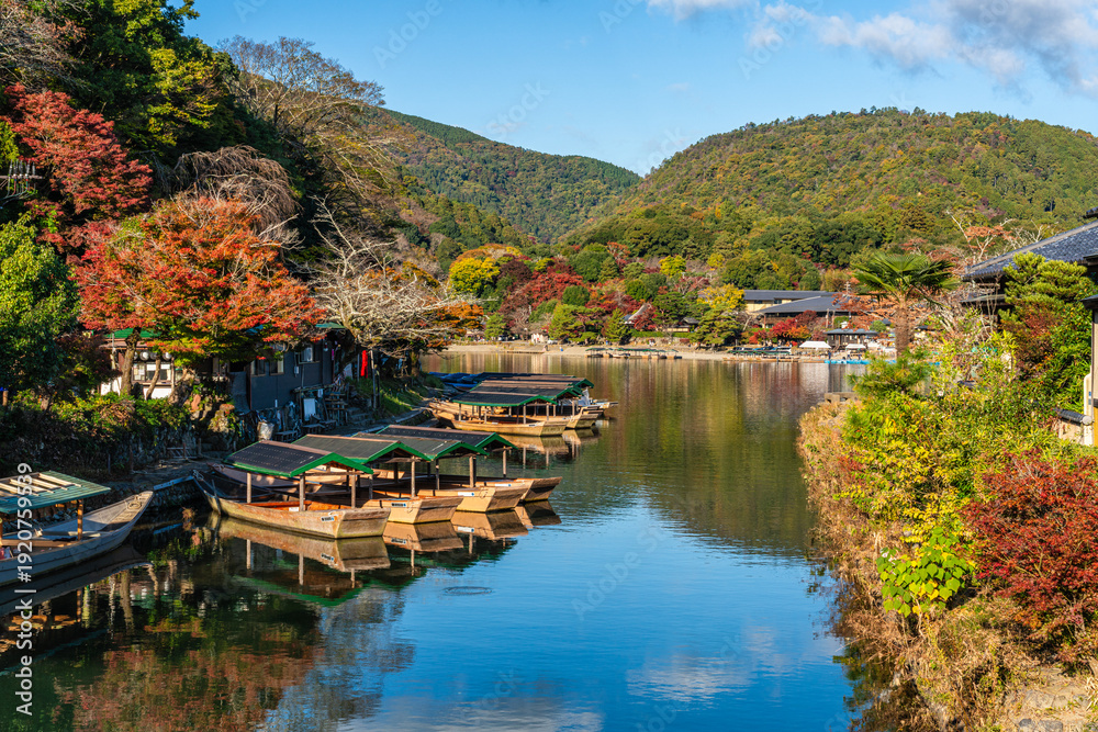 Naklejka premium Beautiful view along the Katsura river in the famous Arashiyama forest during fall season. Kyoto, Japan.