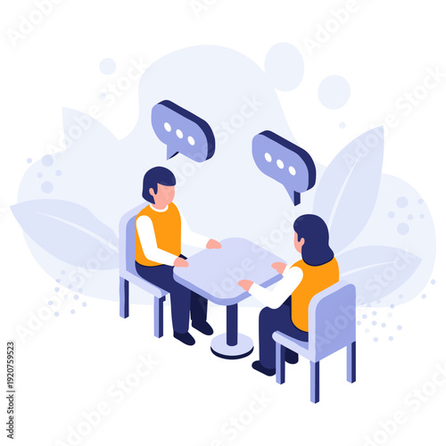 Two people having a conversation at a table with speech bubbles