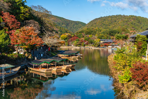 Beautiful view along the Katsura river in the famous Arashiyama forest during fall season. Kyoto, Japan.