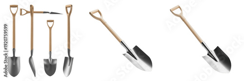Fotografie Set and collection of professional garden shovels and digging spades with wooden