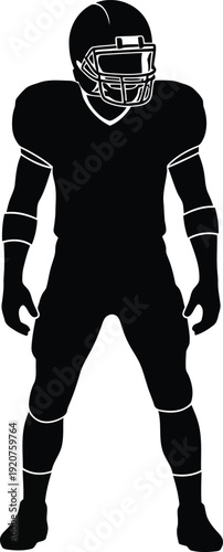 Full body front view silhouette of a professional American football player wearing a helmet and shoulder pads standing in a powerful stance for sports mascot and team logos AI Generative
