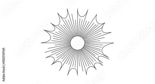 Abstract black and white line art illustration of a radial sunburst design with a central circle and spiky outer edges, creating a dynamic visual effect.