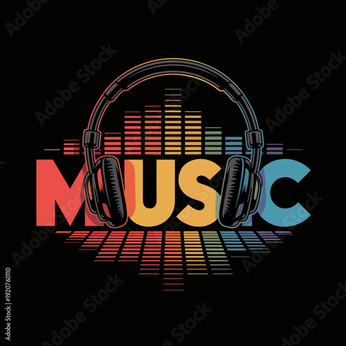 An illustrative logo features the word 'music' with headphones integrated into the design. Vibrant bars of sound waves radiate in the background.