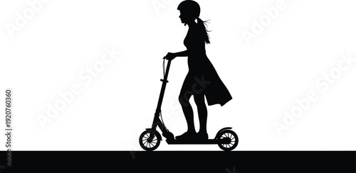 Side view profile silhouette of a woman in a dress riding an electric kick scooter for modern urban transportation and eco-friendly city commuting lifestyle concepts AI Generative

