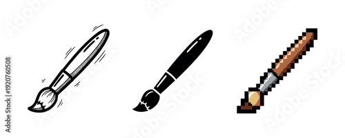 Variety of paintbrush icons in sketch, solid, and pixel styles on white background