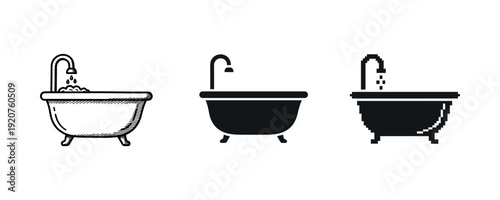 Minimalist bathtub icons: vintage, modern, pixel art