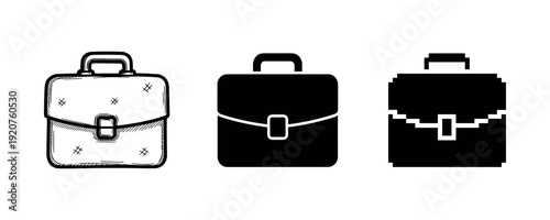 Three unique briefcase icons: sketch, solid, and pixelated designs