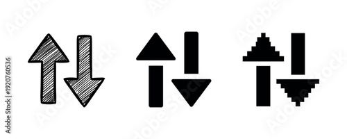Set of three unique up and down arrow icon styles